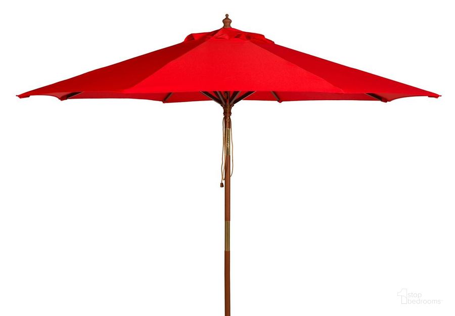 The appearance of Cannes Red 9 Wooden Outdoor Umbrella designed by Safavieh in the modern / contemporary interior design. This red piece of furniture  was selected by 1StopBedrooms from Cannes Collection to add a touch of cosiness and style into your home. Sku: PAT8009D. Material: Steel. Product Type: Umbrella. Image1