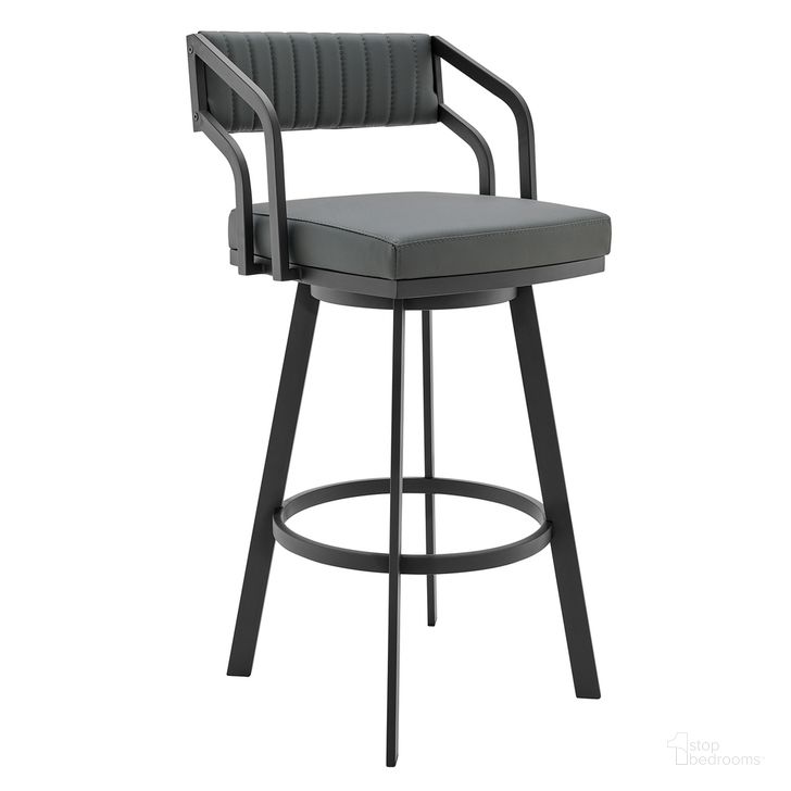The appearance of Capri 26 Inch Swivel Modern Black Metal and Slate Gray Faux Leather Bar and Counter Stool designed by Armen Living in the modern / contemporary interior design. This gray piece of furniture  was selected by 1StopBedrooms from Capri Collection to add a touch of cosiness and style into your home. Sku: LCCPBABLSG26. Product Type: Barstool. Material: Iron. Image1