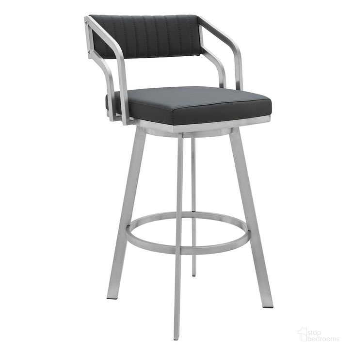 The appearance of Capri 26 Inch Swivel Modern Metal and Slate Gray Faux Leather Bar and Counter Stool designed by Armen Living in the modern / contemporary interior design. This gray piece of furniture  was selected by 1StopBedrooms from Capri Collection to add a touch of cosiness and style into your home. Sku: LCCPBABSSG26. Product Type: Barstool. Material: Stainless Steel. Image1