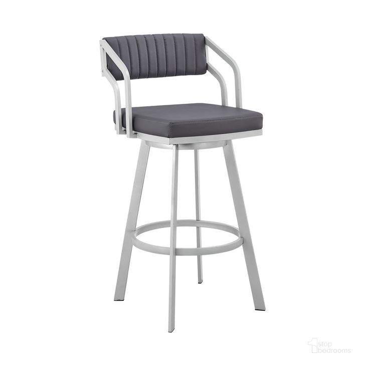 The appearance of Capri 26 Inch Swivel Slate Gray Faux Leather and Silver Metal Bar Stool designed by Armen Living in the modern / contemporary interior design. This slate gray piece of furniture  was selected by 1StopBedrooms from Capri Collection to add a touch of cosiness and style into your home. Sku: LCCPBASLGR26. Product Type: Barstool. Material: Iron. Image1
