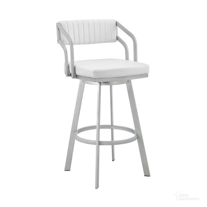 The appearance of Capri 26 Inch Swivel White Faux Leather and Silver Metal Bar Stool designed by Armen Living in the modern / contemporary interior design. This white piece of furniture  was selected by 1StopBedrooms from Capri Collection to add a touch of cosiness and style into your home. Sku: LCCPBASLWH26. Product Type: Barstool. Material: Iron. Image1