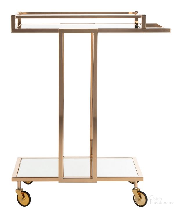The appearance of Capri Gold/Mirror 2 Tier Rectangle Bar Cart designed by Safavieh in the modern / contemporary interior design. This gold piece of furniture  was selected by 1StopBedrooms from Capri Collection to add a touch of cosiness and style into your home. Sku: BCT8003A. Product Type: Bar Cart. Material: Iron. Image1