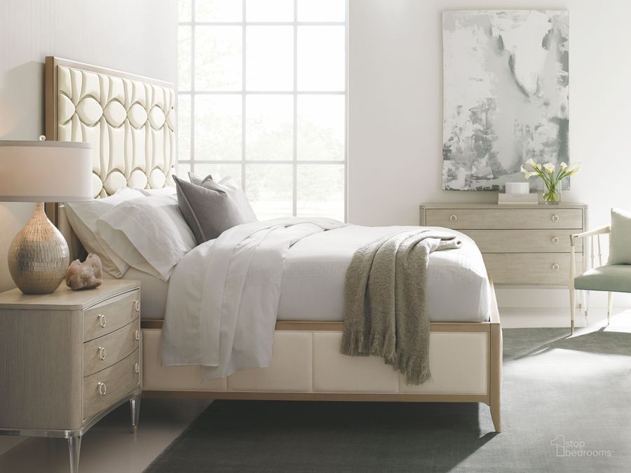 The appearance of Caracole Classic Upholstered Panel Bedroom Set With Taupe Fretwork Detail designed by Caracole in the modern / contemporary interior design. This white piece of furniture  was selected by 1StopBedrooms from Caracole Classic Collection to add a touch of cosiness and style into your home. Sku: CON-QUEBED-013H;CON-QUEBED-013F;CON-QUEBED-013R;TRA-CLOSTO-022. Bed Type: Panel Bed. Product Type: Panel Bed. Bed Size: Queen. Material: Pine. Image1