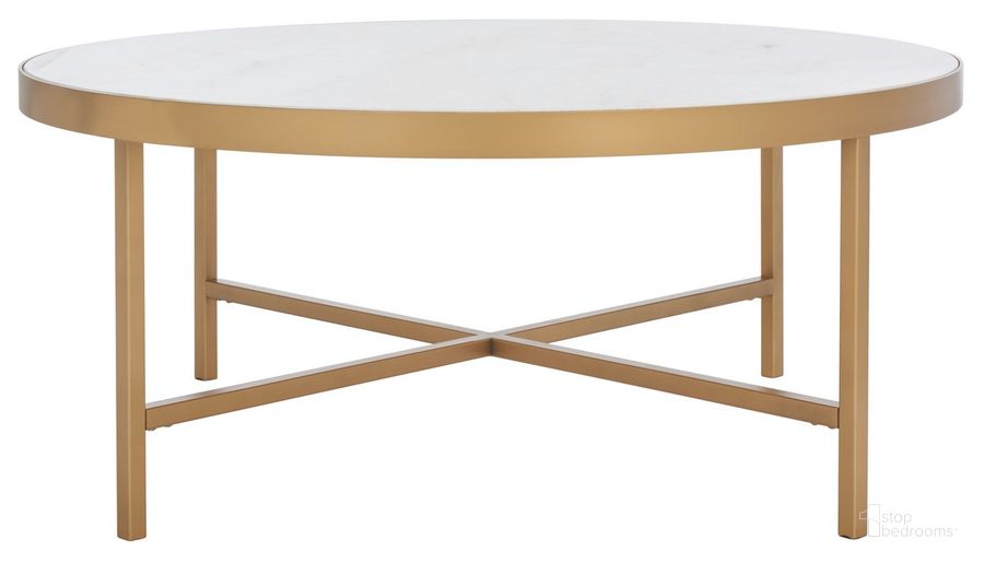 The appearance of Caralyn Round Marble Coffee Table In White And Brass designed by Safavieh Couture in the modern / contemporary interior design. This brass piece of furniture  was selected by 1StopBedrooms from Caralyn Collection to add a touch of cosiness and style into your home. Sku: SFV9512A. Product Type: Coffee Table. Material: MDF. Image1