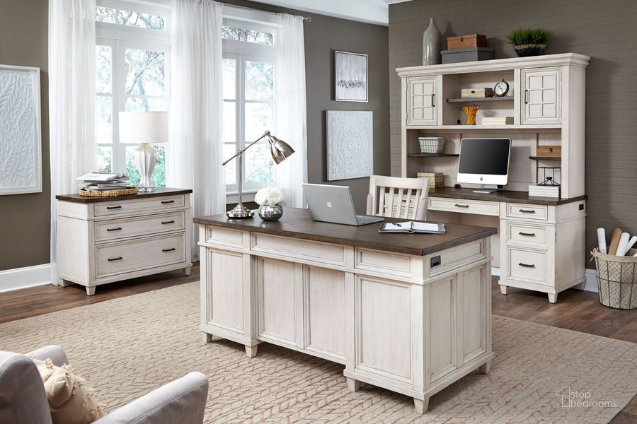 The appearance of Caraway Aged Ivory 66 Inch Executive Home Office Set designed by Aspenhome in the transitional interior design. This white piece of furniture  was selected by 1StopBedrooms from Caraway Collection to add a touch of cosiness and style into your home. Sku: I248-303-1;I248-366-1. Material: Wood. Product Type: Home Office Set. Image1