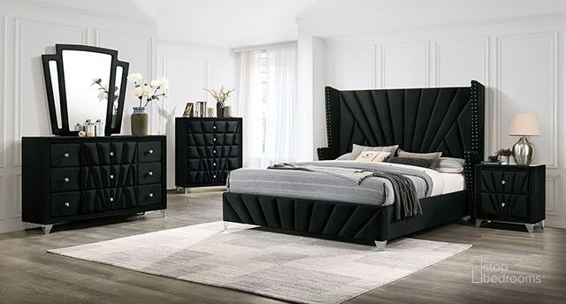 The appearance of Carissa Black Upholstered Wingback Panel Bedroom Set designed by Furniture of America in the transitional interior design. This black piece of furniture  was selected by 1StopBedrooms from Carissa Collection to add a touch of cosiness and style into your home. Sku: CM7164BK-Q-1;CM7164BK-Q-2;CM7164BK-Q-3;CM7164BK-N. Material: Wood. Product Type: Bedroom Set. Bed Size: Queen. Image1