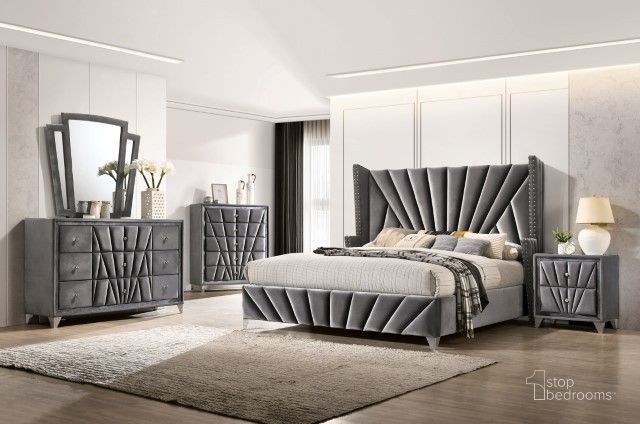 The appearance of Carissa Gray Upholstered Panel Bedroom Set designed by Furniture of America in the transitional interior design. This gray piece of furniture  was selected by 1StopBedrooms from Carissa Collection to add a touch of cosiness and style into your home. Sku: CM7164Q-1;CM7164Q-2;CM7164Q-3;CM7164N. Material: Wood. Product Type: Bedroom Set. Bed Size: Queen. Image1