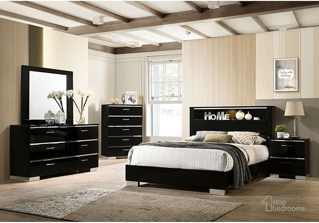 The appearance of Carlie Black And Chrome Panel Bedroom Set designed by Furniture of America in the modern / contemporary interior design. This black piece of furniture  was selected by 1StopBedrooms from Carlie Collection to add a touch of cosiness and style into your home. Sku: FOA7039Q-HB;FOA7039Q-FB;FOA7039Q-R;FOA7039N. Material: Wood. Product Type: Bedroom Set. Bed Size: Queen. Image1