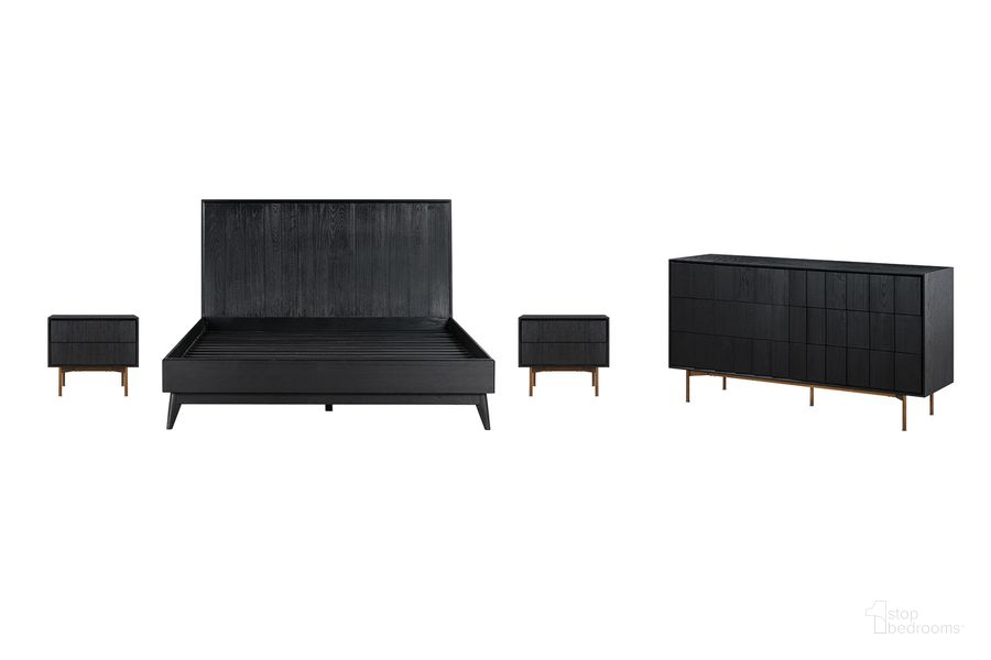The appearance of Carnaby Queen 4-Piece Bedroom Set In Black Brushed Oak Wood designed by Armen Living in the modern / contemporary interior design. This black piece of furniture  was selected by 1StopBedrooms from Carnaby Collection to add a touch of cosiness and style into your home. Sku: LCCFBDBLQNBX1;LCCFBDBLQNBX2;LCCFLABL;LCCFLABL;LCCFDRBL. Material: Wood. Product Type: Bedroom Set. Bed Size: Queen. Image1