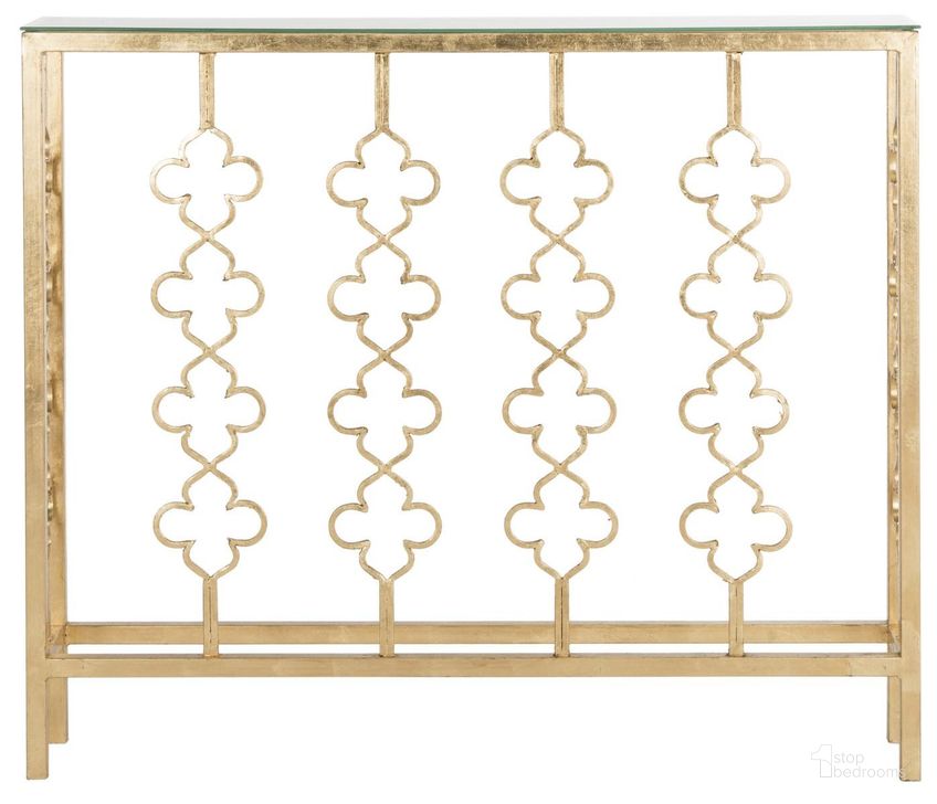 The appearance of Carolina Antique Gold Leaf Console Table designed by Safavieh in the modern / contemporary interior design. This gold piece of furniture  was selected by 1StopBedrooms from Carolina Collection to add a touch of cosiness and style into your home. Sku: FOX2575A. Product Type: Console. Material: Iron. Image1