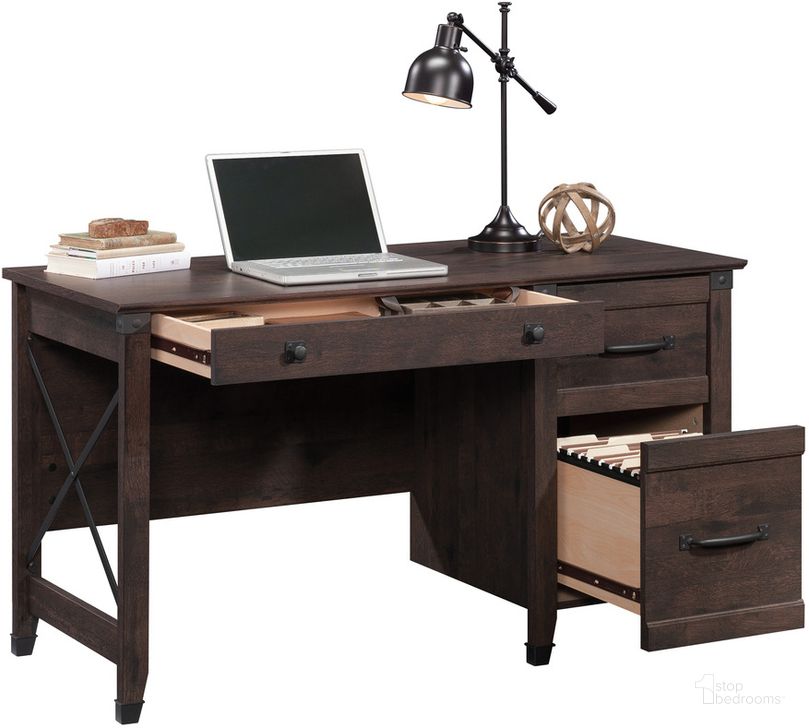 The appearance of Carson Forge Desk In Coffee Oak designed by Sauder in the country / farmhouse interior design. This coffee oak piece of furniture  was selected by 1StopBedrooms from Carson Forge Collection to add a touch of cosiness and style into your home. Sku: 431580. Product Type: Desk. Material: Engineered Wood. Image1
