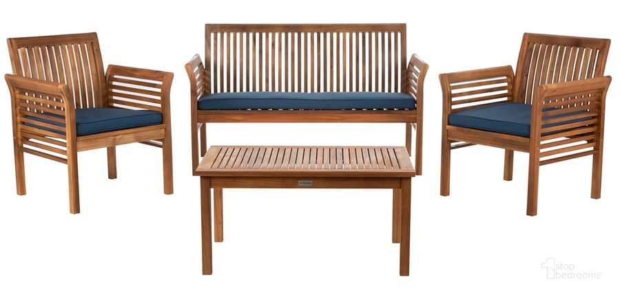 The appearance of Carson Natural/Navy 4 Piece Outdoor Set designed by Safavieh in the modern / contemporary interior design. This navy piece of furniture  was selected by 1StopBedrooms from Carson Collection to add a touch of cosiness and style into your home. Sku: PAT7005D. Material: Steel. Product Type: Outdoor Conversation Set. Image1