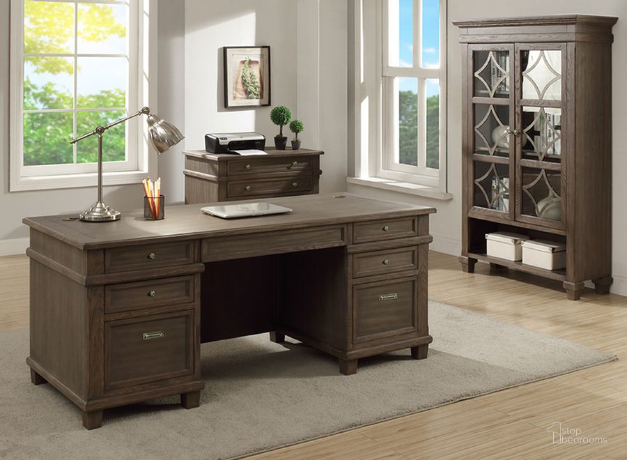 The appearance of Carson Wood Double Pedestal Executive Desk In Weathered Gray designed by Martin Furniture in the country / farmhouse interior design. This weathered gray piece of furniture  was selected by 1StopBedrooms from Carson Collection to add a touch of cosiness and style into your home. Sku: IMCA680. Material: Wood. Product Type: Office Desk. Image1
