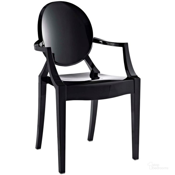 The appearance of Casper Black Dining Arm Chair EEI-121-BLK designed by Modway in the modern / contemporary interior design. This black piece of furniture  was selected by 1StopBedrooms from Casper Collection to add a touch of cosiness and style into your home. Sku: EEI-121-BLK. Product Type: Arm Chair. Material: PVC. Image1
