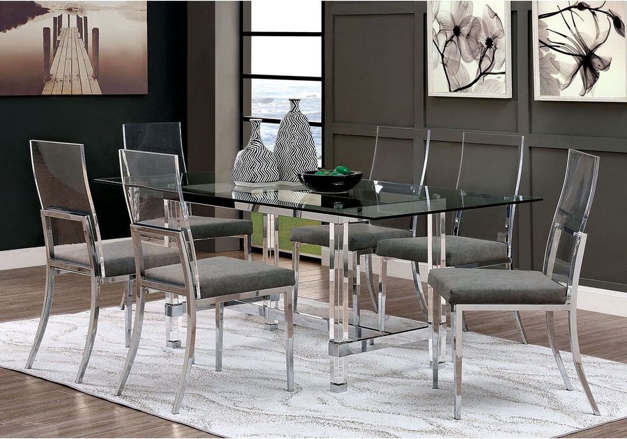 The appearance of Casper Chrome Dining Room Set designed by Furniture of America in the modern / contemporary interior design. This chrome piece of furniture  was selected by 1StopBedrooms from Casper Collection to add a touch of cosiness and style into your home. Sku: CM3654T-1;CM3654T-2;CM3654SC-2PK. Product Type: Dining Room Set. Material: Acrylic. Size: 40". Image1