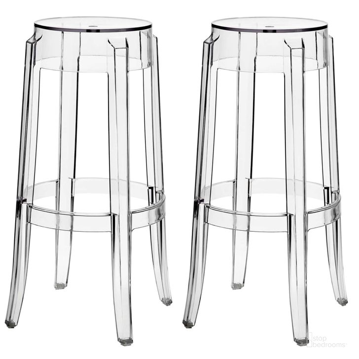 The appearance of Casper Clear Bar Stool Set of 2 EEI-909-CLR designed by Modway in the modern / contemporary interior design. This clear piece of furniture  was selected by 1StopBedrooms from Casper Collection to add a touch of cosiness and style into your home. Sku: EEI-909-CLR. Material: Wood. Product Type: Barstool. Image1
