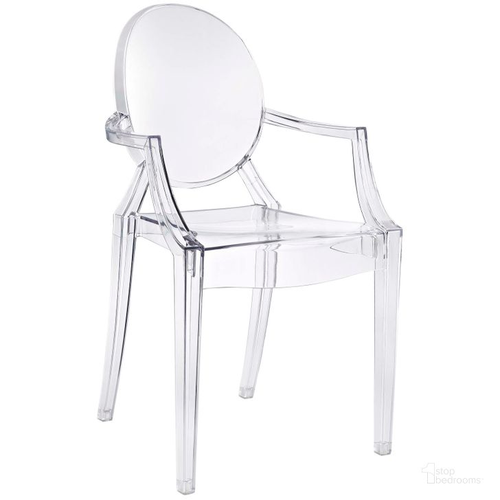 The appearance of Casper Clear Dining Arm Chair EEI-121-CLR designed by Modway in the modern / contemporary interior design. This clear piece of furniture  was selected by 1StopBedrooms from Casper Collection to add a touch of cosiness and style into your home. Sku: EEI-121-CLR. Product Type: Arm Chair. Material: PVC. Image1