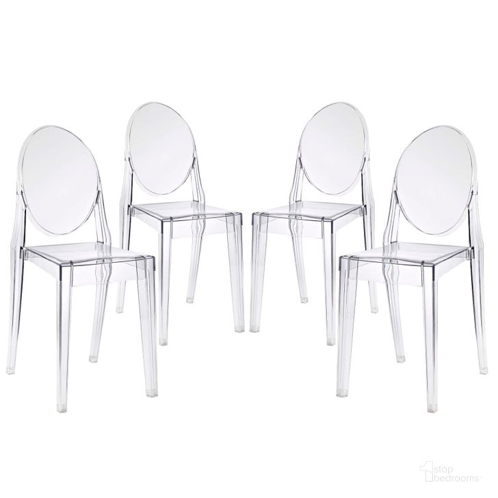 The appearance of Casper Clear Dining Chairs Set of 4 EEI-908-CLR designed by Modway in the modern / contemporary interior design. This clear piece of furniture  was selected by 1StopBedrooms from Casper Collection to add a touch of cosiness and style into your home. Sku: EEI-908-CLR. Material: Wood. Product Type: Dining Chair. Image1