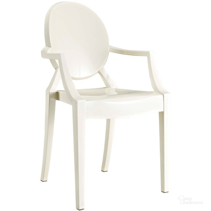 The appearance of Casper White Dining Arm Chair EEI-121-WHI designed by Modway in the modern / contemporary interior design. This white piece of furniture  was selected by 1StopBedrooms from Casper Collection to add a touch of cosiness and style into your home. Sku: EEI-121-WHI. Product Type: Arm Chair. Material: PVC. Image1