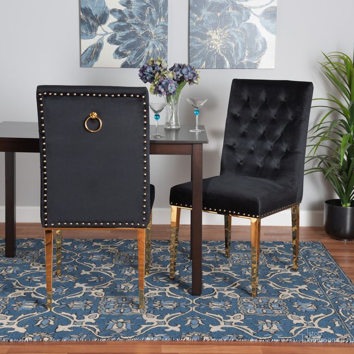The appearance of Caspera Velvet and Metal Dining Chair Set of 2 In Gold and Black designed by Baxton Studio in the glam interior design. This gold and black piece of furniture  was selected by 1StopBedrooms from Caspera Collection to add a touch of cosiness and style into your home. Sku: F457-Black Velvet-DC. Material: Wood. Product Type: Dining Chair. Image1