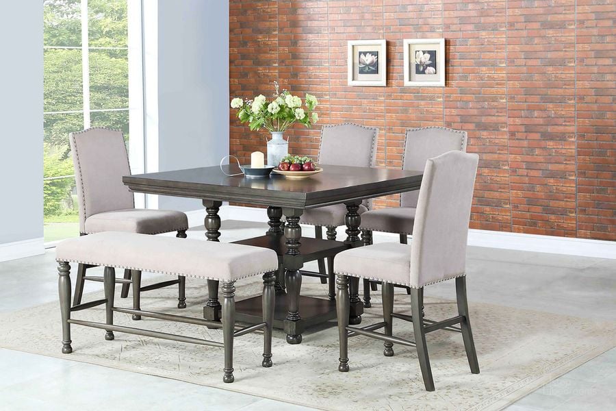 The appearance of Caswell 7Pc Dining Set designed by Steve Silver in the modern / contemporary interior design. This grey piece of furniture  was selected by 1StopBedrooms from Caswell Collection to add a touch of cosiness and style into your home. Sku: CW700PT;CW700CC;CW700CC;CW700CC. Material: Wood. Product Type: Dining Room Set. Image1