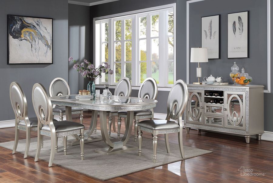 The appearance of Cathalina Dining Room Set In Silver designed by Furniture of America in the transitional interior design. This silver piece of furniture  was selected by 1StopBedrooms from Cathalina Collection to add a touch of cosiness and style into your home. Sku: CM3541SV-T-1;CM3541SV-T-2;CM3541SV-SC-2PK;CM3541SV-SC-2PK. Material: Wood. Product Type: Dining Room Set. Image1