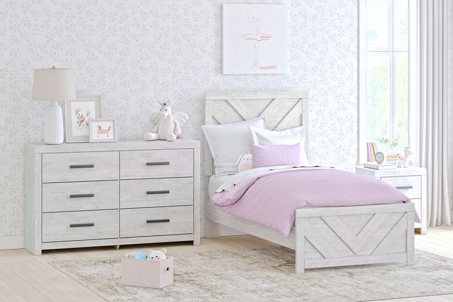 The appearance of Cayboni Whitewash Youth Panel Bedroom Set designed by Signature Design by Ashley in the transitional interior design. This washed white piece of furniture  was selected by 1StopBedrooms from Cayboni Collection to add a touch of cosiness and style into your home. Sku: B3788-53;B3788-83;B3788-92. Material: Wood. Product Type: Panel Bed. Bed Size: Twin. Image1
