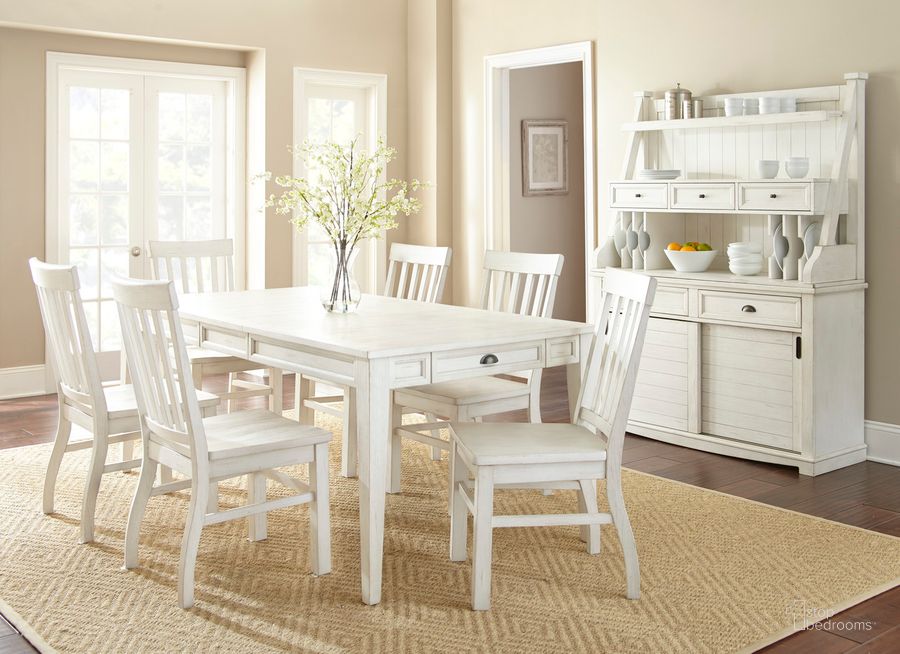 The appearance of Cayla 7 Pc Dining Set CY400TSW7PC designed by Steve Silver in the country / farmhouse interior design. This white piece of furniture  was selected by 1StopBedrooms from Cayla Collection to add a touch of cosiness and style into your home. Sku: CY400TW;CY400SW;CY400SW;CY400SW. Material: Wood. Product Type: Dining Room Set. Image1
