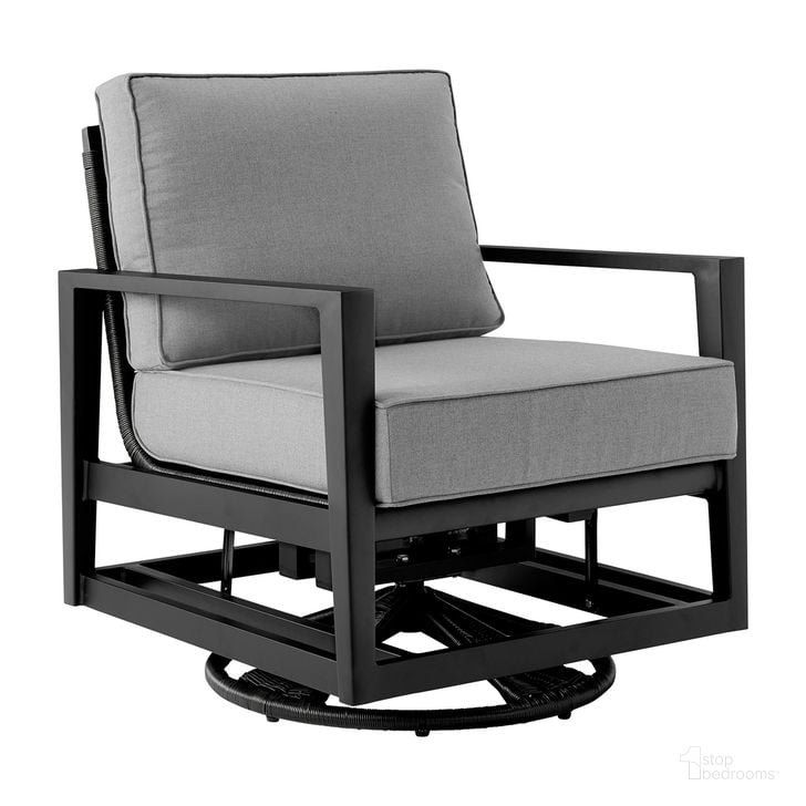 The appearance of Cayman Outdoor Swivel Glider Chair In Dark Gray designed by Armen Living in the modern / contemporary interior design. This dark gray piece of furniture  was selected by 1StopBedrooms from Cayman Collection to add a touch of cosiness and style into your home. Sku: LCODCMCHBL. Material: Aluminum. Product Type: Outdoor Chair. Image1