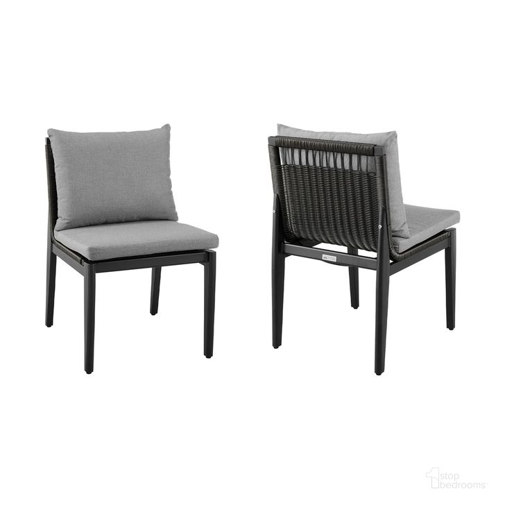 The appearance of Cayman Outdoor Patio Dining Chairs Set of 2 In Dark Gray designed by Armen Living in the modern / contemporary interior design. This dark gray piece of furniture  was selected by 1StopBedrooms from Cayman Collection to add a touch of cosiness and style into your home. Sku: LCCCSIBL. Material: Aluminum. Product Type: Outdoor Dining Chair. Image1