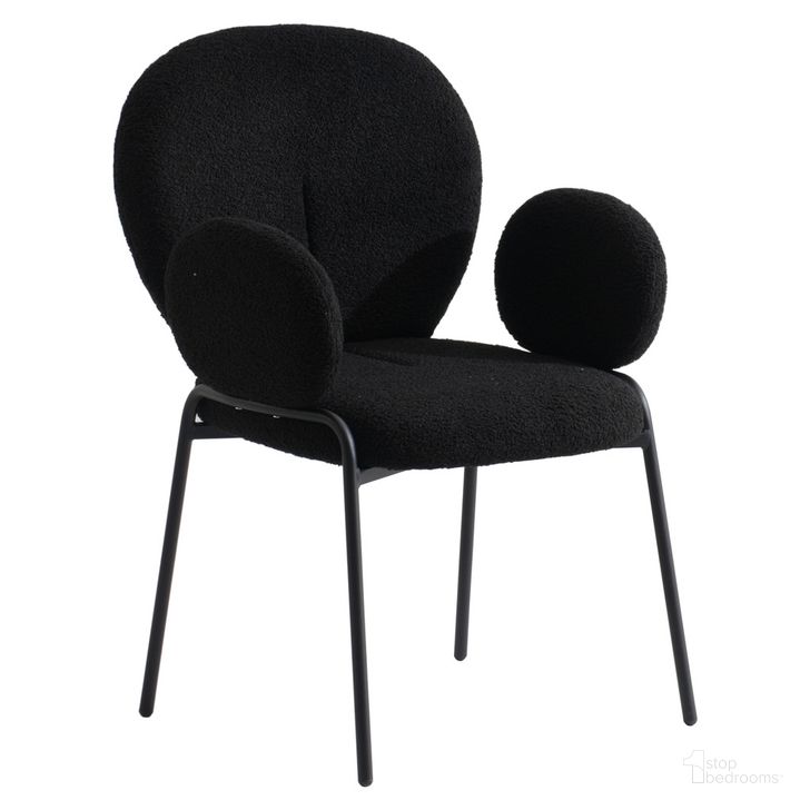 The appearance of Celestial Boucle Dining Arm Chair In Black designed by LeisureMod in the modern / contemporary interior design. This black piece of furniture  was selected by 1StopBedrooms from Celestial Collection to add a touch of cosiness and style into your home. Sku: CCABL-23BL. Product Type: Dining Chair. Material: Iron. Image1