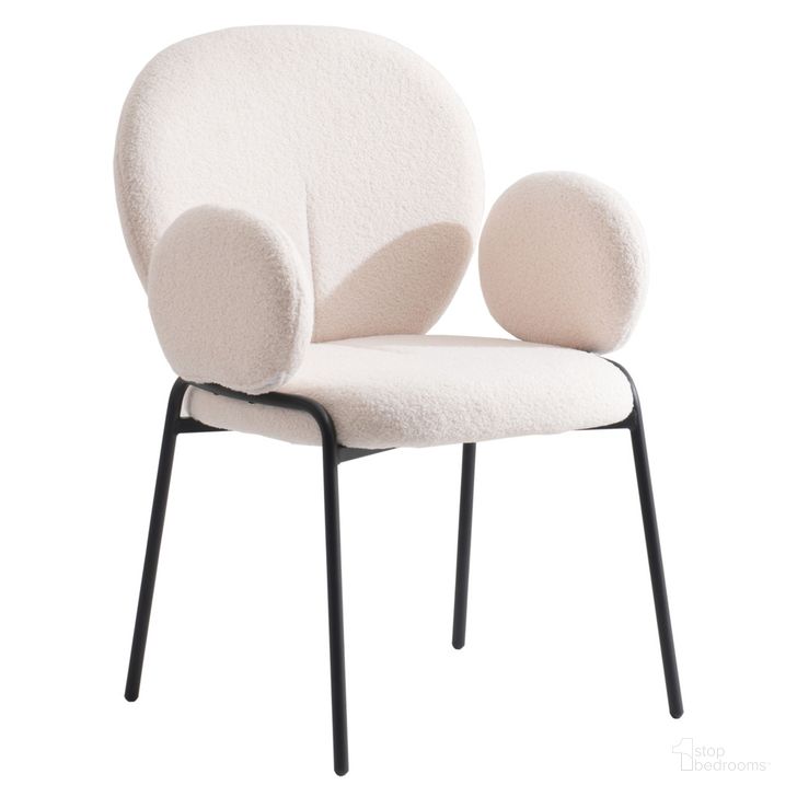 The appearance of Celestial Boucle Dining Arm Chair In White designed by LeisureMod in the modern / contemporary interior design. This white piece of furniture  was selected by 1StopBedrooms from Celestial Collection to add a touch of cosiness and style into your home. Sku: CCABL-23W. Product Type: Dining Chair. Material: Iron. Image1