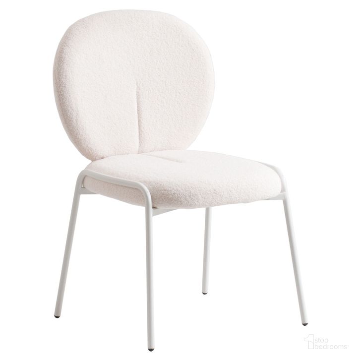 The appearance of Celestial Boucle Dining Chair In White designed by LeisureMod in the modern / contemporary interior design. This white piece of furniture  was selected by 1StopBedrooms from Celestial Collection to add a touch of cosiness and style into your home. Sku: CCW-23W. Product Type: Dining Chair. Material: Iron. Image1