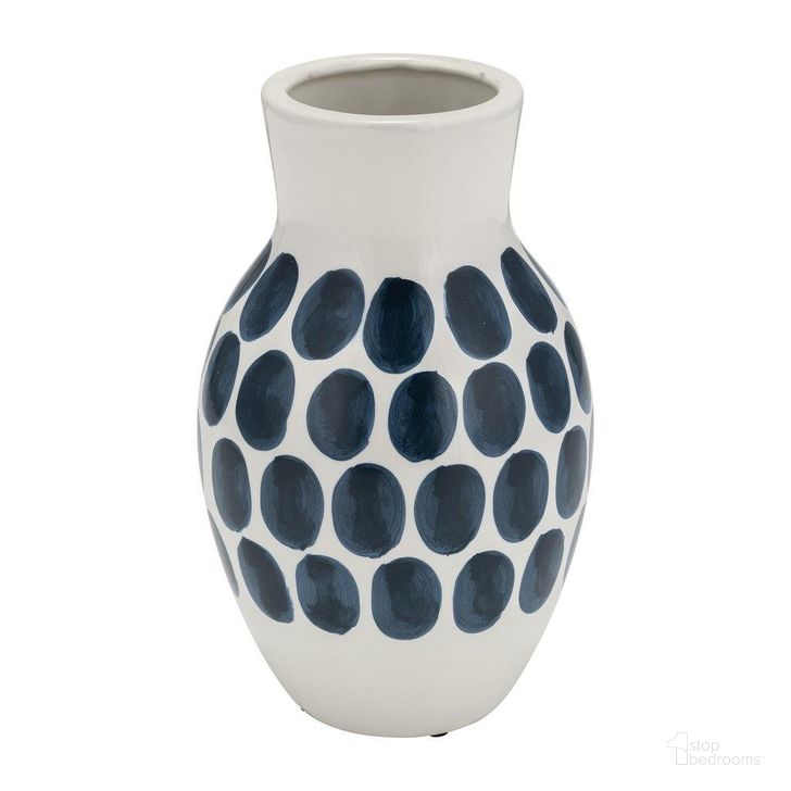 The appearance of Ceramic 10 Inch Navy Polk-A-Dot Flower Vase In White designed by Sagebrook in the modern / contemporary interior design. This blue and white piece of furniture  was selected by 1StopBedrooms from  to add a touch of cosiness and style into your home. Sku: 17938-02. Material: Ceramic. Product Type: Vase. Image1