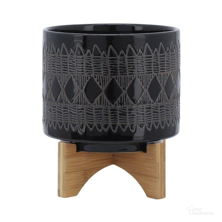 The appearance of Ceramic 8 Inch Aztec Planter On Wooden Stand In Black designed by Sagebrook in the modern / contemporary interior design. This black piece of furniture  was selected by 1StopBedrooms from  to add a touch of cosiness and style into your home. Sku: 15036-02. Material: Ceramic. Product Type: Outdoor Accessory. Image1