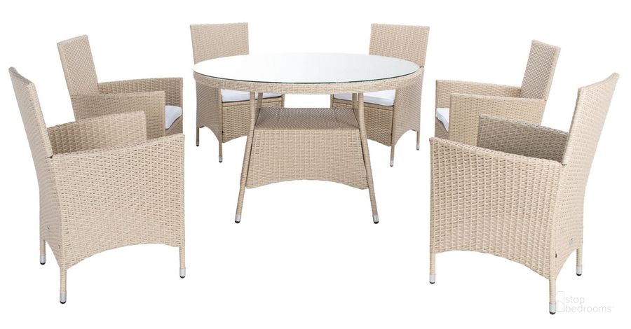 The appearance of Challe Dining Set in Beige designed by Safavieh in the modern / contemporary interior design. This beige piece of furniture  was selected by 1StopBedrooms from Challe Collection to add a touch of cosiness and style into your home. Sku: PAT7702B-3BX. Table Base Style: Pedestal. Table Top Shape: Round. Material: Steel. Product Type: Outdoor Dining Set. Image1