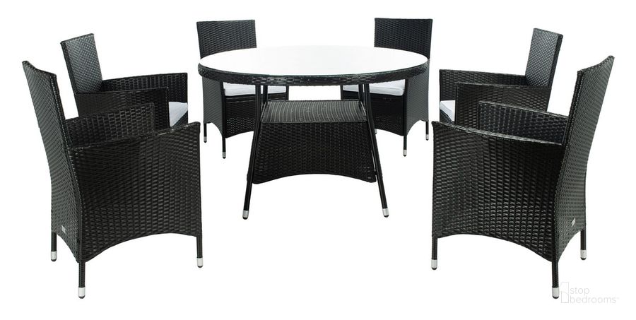 The appearance of Challe Dining Set in Black and White designed by Safavieh in the modern / contemporary interior design. This black and white piece of furniture  was selected by 1StopBedrooms from Challe Collection to add a touch of cosiness and style into your home. Sku: PAT7702A-3BX. Table Base Style: Pedestal. Table Top Shape: Round. Material: Steel. Product Type: Outdoor Dining Set. Image1