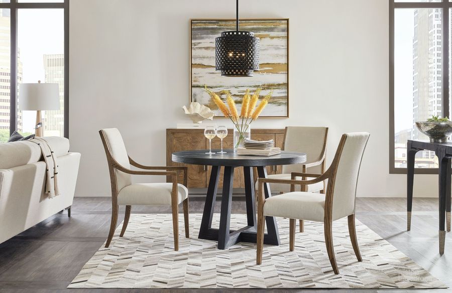 The appearance of Chapman Black Dining Room Set designed by Hooker in the modern / contemporary interior design. This black piece of furniture  was selected by 1StopBedrooms from Chapman Collection to add a touch of cosiness and style into your home. Sku: 6033-75201-99;6033-75410-85. Product Type: Dining Room Set. Material: Wood Veneer. Image1