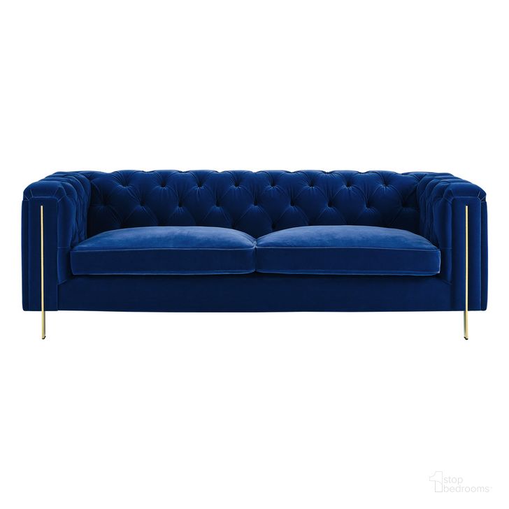 The appearance of Charlene Button Tufted Sofa In Blue Velvet designed by Steve Silver in the transitional interior design. This blue piece of furniture  was selected by 1StopBedrooms from Charlene Collection to add a touch of cosiness and style into your home. Sku: CH100SBL. Product Type: Sofa. Material: Plywood. Image1