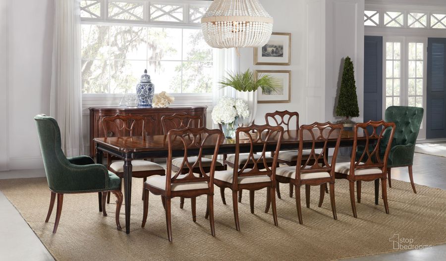 The appearance of Charleston Black 118 Inch Extendable Dining Room Set designed by Hooker in the transitional interior design. This brown piece of furniture  was selected by 1StopBedrooms from Charleston Collection to add a touch of cosiness and style into your home. Sku: 6750-75200-00;6750-75310-85. Material: Wood. Product Type: Dining Room Set. Image1