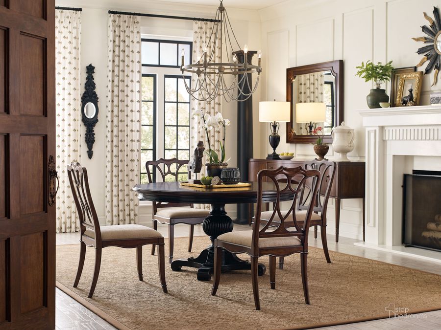 The appearance of Charleston Brown And Black Extendable 74 Inch Dining Room Set designed by Hooker in the transitional interior design. This rustic brown and black piece of furniture  was selected by 1StopBedrooms from Charleston Collection to add a touch of cosiness and style into your home. Sku: 6750-75203B-97;6750-75203T-85;6750-75310-85. Product Type: Dining Room Set. Material: Resin. Image1