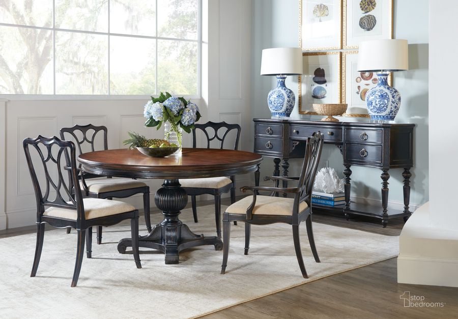 The appearance of Charleston Brown And Black Extendable Dining Room Set designed by Hooker in the transitional interior design. This black and brown piece of furniture  was selected by 1StopBedrooms from Charleston Collection to add a touch of cosiness and style into your home. Sku: 6750-75203B-97;6750-75203T-85;6750-75310-97. Product Type: Dining Room Set. Material: Resin. Image1