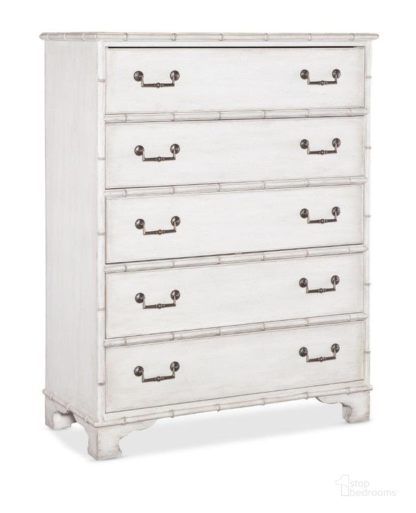 The appearance of Charleston Five-Drawer Chest designed by Hooker in the traditional interior design. This white piece of furniture  was selected by 1StopBedrooms from Charleston Collection to add a touch of cosiness and style into your home. Sku: 6750-90210-06. Material: Wood. Product Type: Chest. Image1