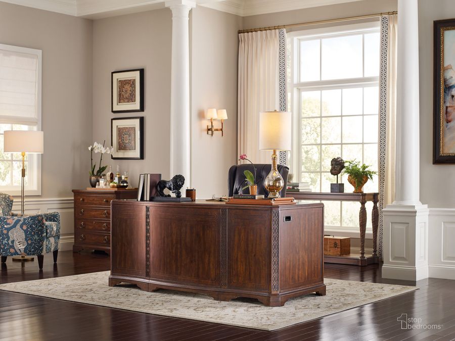 The appearance of Charleston Maraschino Cherry Executive Home Office Set designed by Hooker in the transitional interior design. This brown piece of furniture  was selected by 1StopBedrooms from Charleston Collection to add a touch of cosiness and style into your home. Sku: 6750-10563-85;EC110-099. Material: Leather. Product Type: Home Office Set. Image1