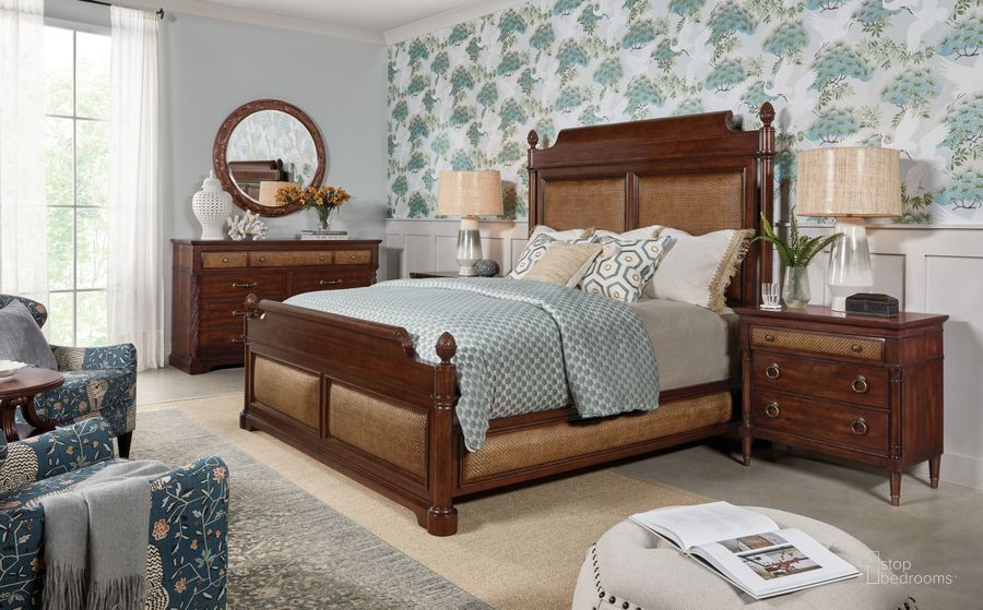 The appearance of Charleston Maraschino Cherry Panel Bedroom set designed by Hooker in the transitional interior design. This brown piece of furniture  was selected by 1StopBedrooms from Charleston Collection to add a touch of cosiness and style into your home. Sku: 6750-90253-85;6750-90267-85;6750-90268-85;6750-90315-85. Material: Wood. Product Type: Bedroom Set. Bed Size: King. Image1