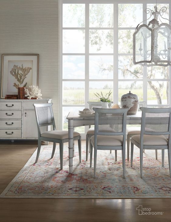 The appearance of Charleston Rectangle Extendable Dining Room Set In White designed by Hooker in the coastal interior design. This white piece of furniture  was selected by 1StopBedrooms from Charleston Collection to add a touch of cosiness and style into your home. Sku: 6750-75217-06;6750-75410-40. Material: Wood. Product Type: Dining Room Set. Image1