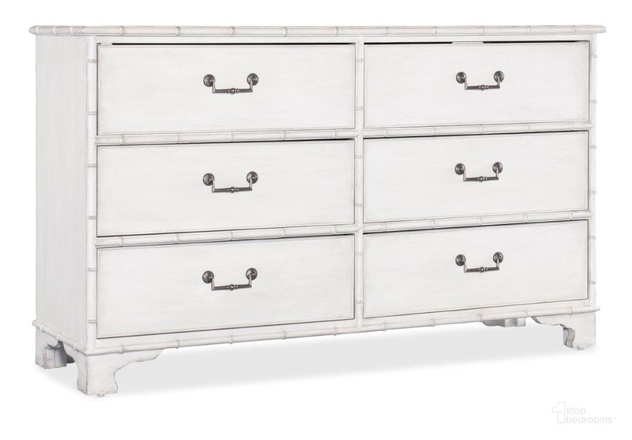 The appearance of Charleston Six-Drawer Dresser designed by Hooker in the traditional interior design. This white piece of furniture  was selected by 1StopBedrooms from Charleston Collection to add a touch of cosiness and style into your home. Sku: 6750-90101-06. Material: Wood. Product Type: Dresser. Image1