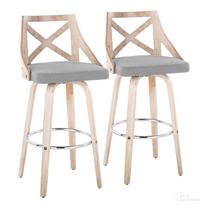 The appearance of Charlotte 30 Inch Fixed Height Barstool Set of 2 In Washed White designed by Lumisource in the country / farmhouse interior design. This gray piece of furniture  was selected by 1StopBedrooms from Charlotte Collection to add a touch of cosiness and style into your home. Sku: B30-CHARLOTFB-GRTZR2 WWWWLGY2. Material: Wood. Product Type: Barstool. Image1