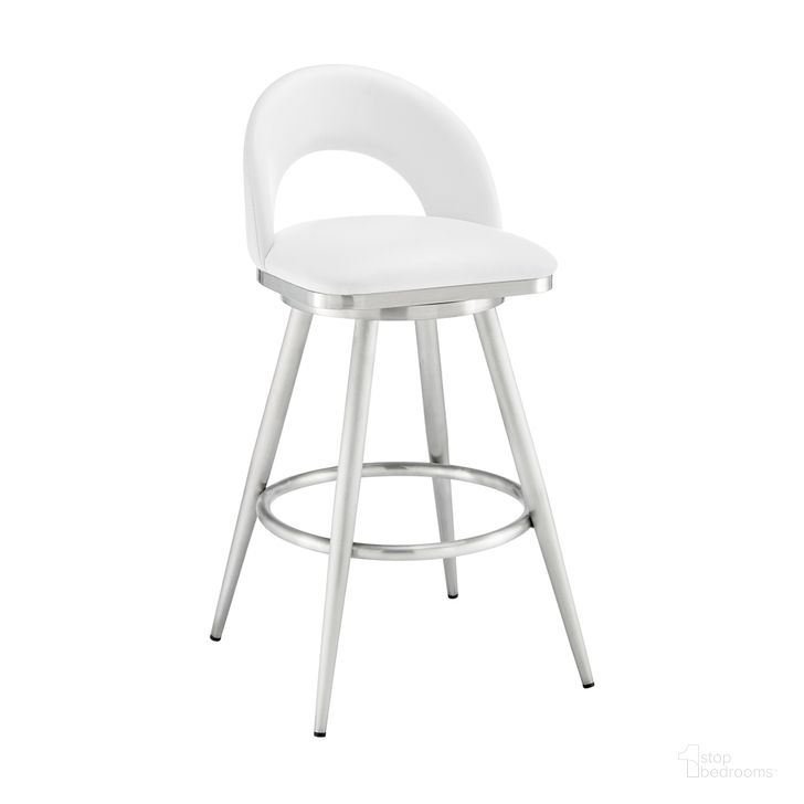 The appearance of Charlotte 30 Inch Swivel Bar Stool In Brushed Stainless Steel with White Faux Leather designed by Armen Living in the modern / contemporary interior design. This white piece of furniture  was selected by 1StopBedrooms from Charlotte Collection to add a touch of cosiness and style into your home. Sku: LCCHBABSWHI30. Material: Faux Leather. Product Type: Barstool. Image1