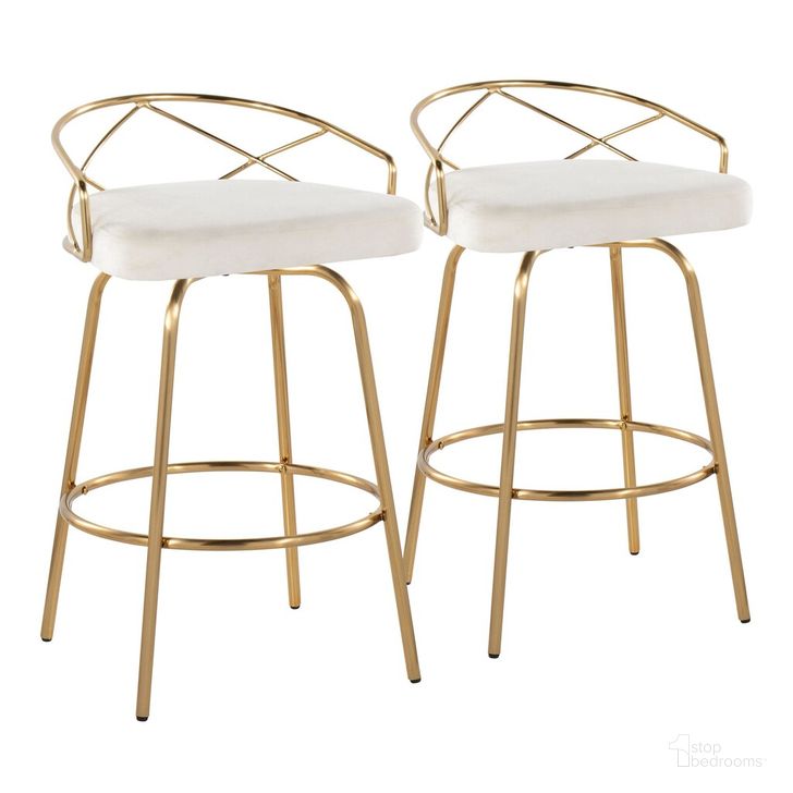 The appearance of Charlotte Glam 26 Inch Fixed Height Counter Stool Set of 2 In Gold designed by Lumisource in the glam interior design. This white piece of furniture  was selected by 1StopBedrooms from Charlotte Collection to add a touch of cosiness and style into your home. Sku: B26-CHARLOTGLAMV-CLARG2 AUCR2. Material: Metal. Product Type: Barstool. Image1